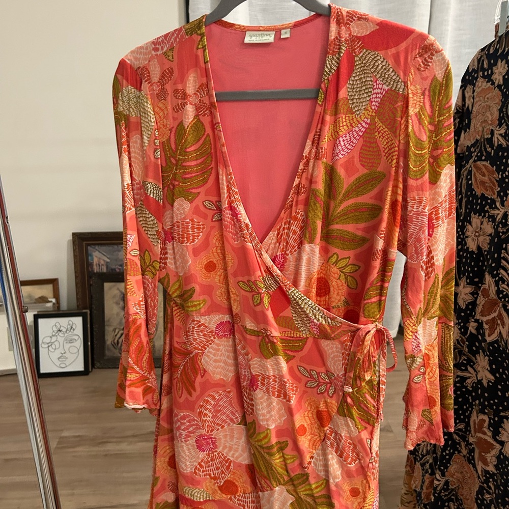 Spartina 449 Vibrant Pink and Olive Long Sleeve Wrap Dress